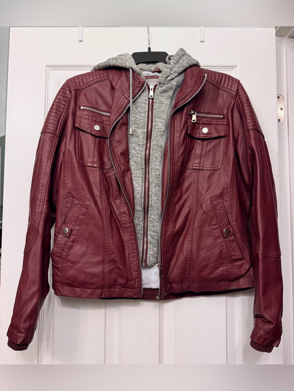 YMI Women's Burgundy Faux Leather Moto Jacket with Gray Hoodie Insert